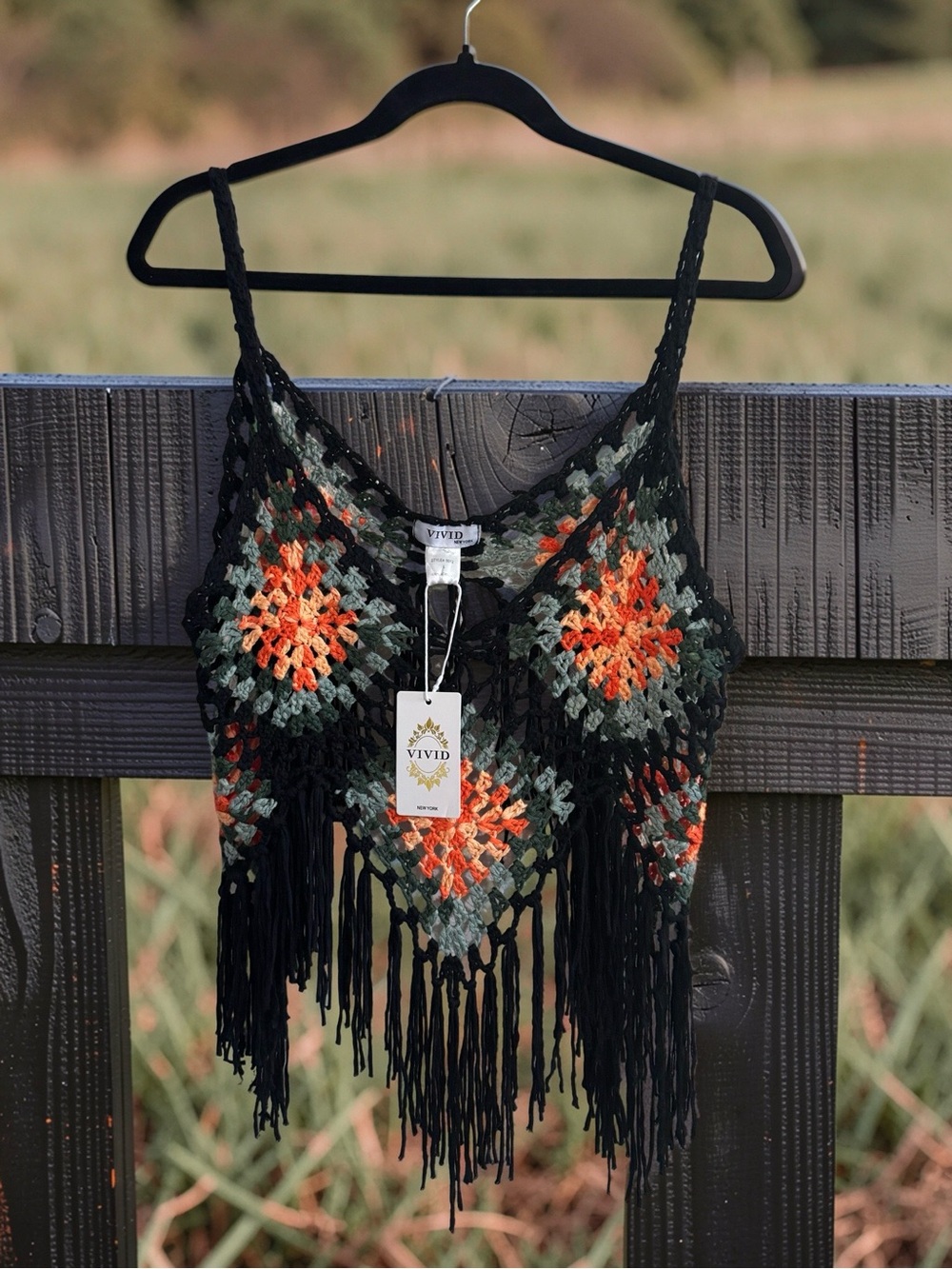Crochet Fringe Tank Top,Orange & Green hand knit granny square,flattering,unique